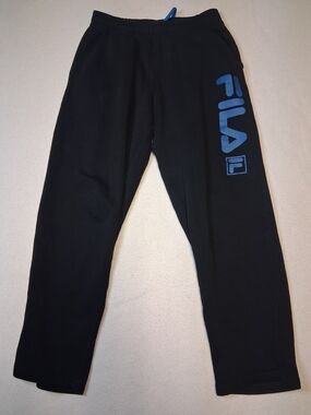 FILA Young Mens Black Joggers with Blue Logo Stripe
